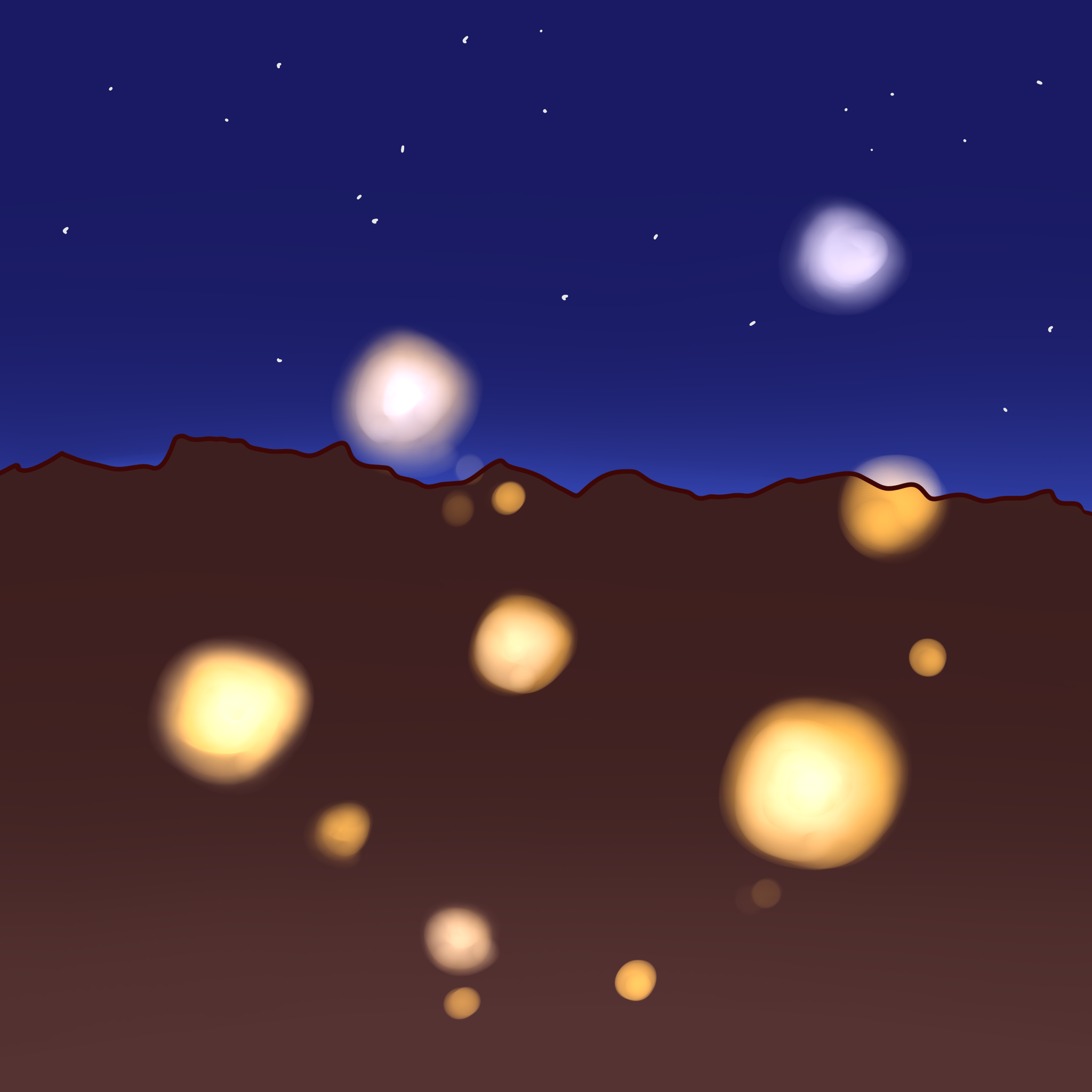 a desert at night with balls of glowing light hovering in it